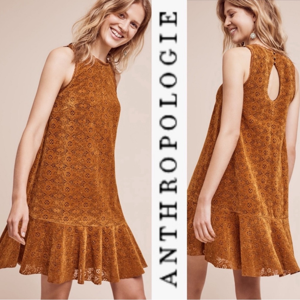 ANTHROPOLOGIE MAEVE AMIS BROWN VELVET LACE RUFFLE HEM MIDI DRESS **NWT**